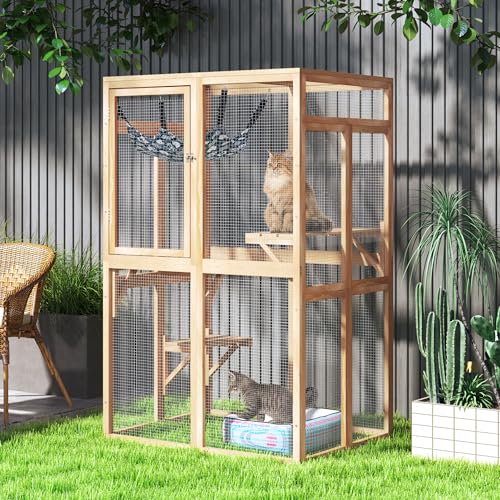 COZIWOW Catio Outdoor Cat Enclosure Window Access, Wooden Cat House Shelter, Kitty Cage with 3 Platforms for Patio Indoor (White)
