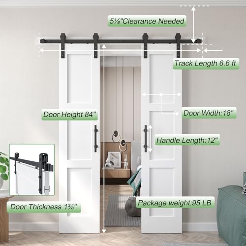 Fredbeck Double 21inx84in White Barn Door and 7FT Sliding Barn Door Hardware Kit Included,Solid,MDF, PVC Surface,DIY Assembly,5-Panel