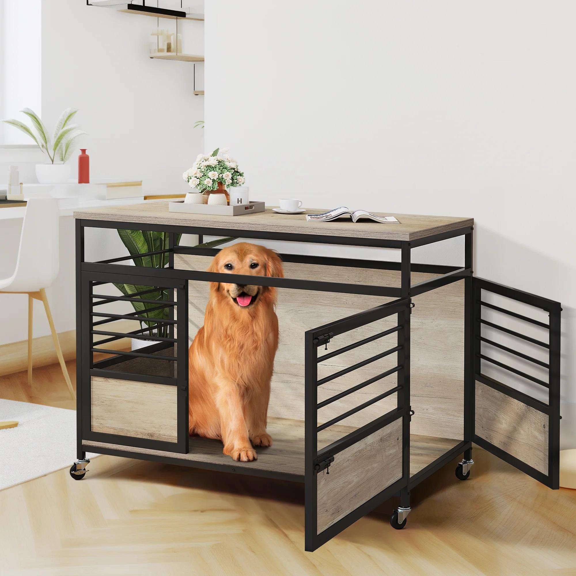 Dextrus Dog Crate Furniture with Wheels, 39.4 inch large Wooden Indoor Dog Kennel with Divider Room, End Table