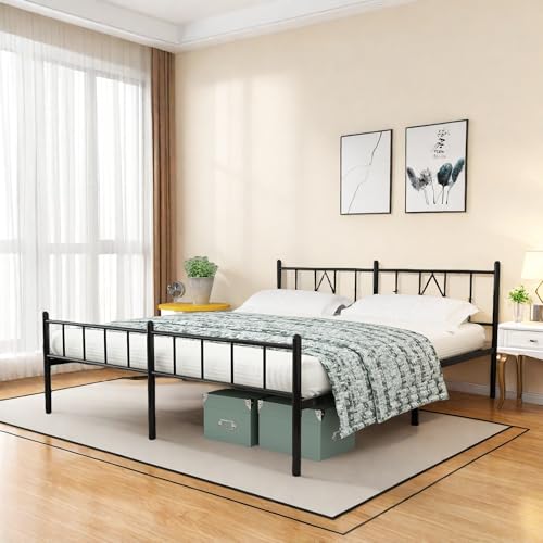 Full Size Bed Frame, 14 Inch Metal Platform Bed with Iron-Art Headboard & Footboard, Classic Bed Frame with Heavy Duty Metal Slats Support
