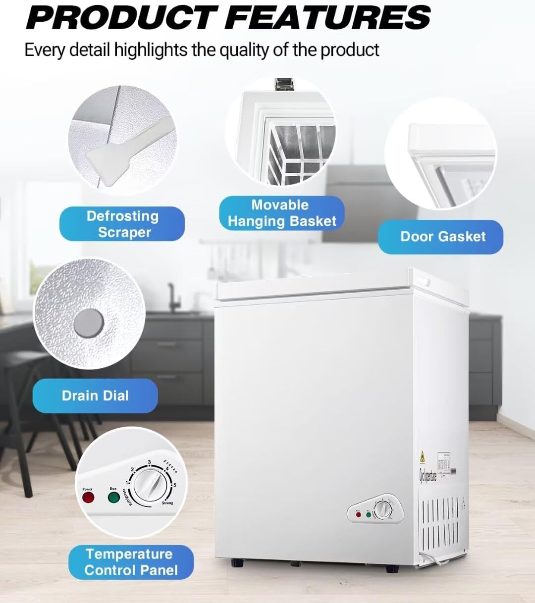 Deep Freezer, Mini Freezer with 7-Step Temperature Control, 5.0 cu.ft Small Deep Freezer, Chest Freezer with Removable Basket for Dormitories, Office
