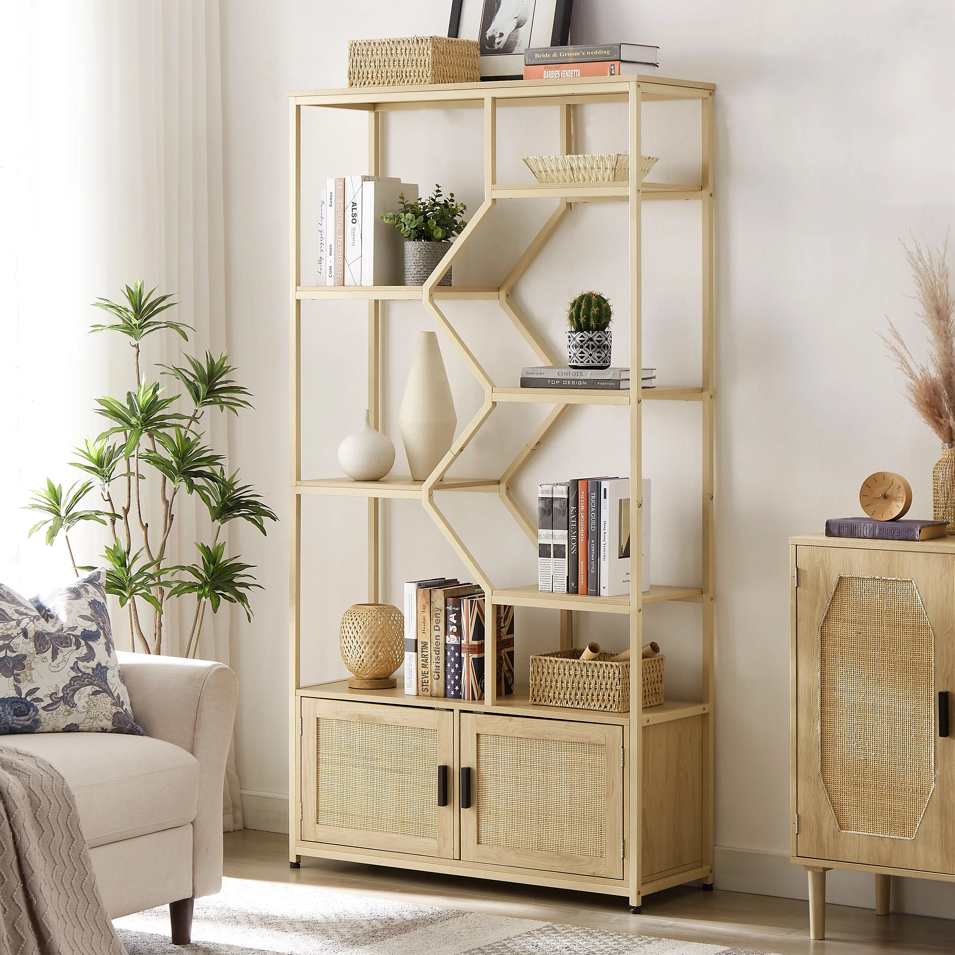 Royard Oaktree 7 Tiers Bookcases Wood Open Bookshelf with Cabinet and Rattan Door Large Display Storage Shelf for Living Room Bedroom Home Office