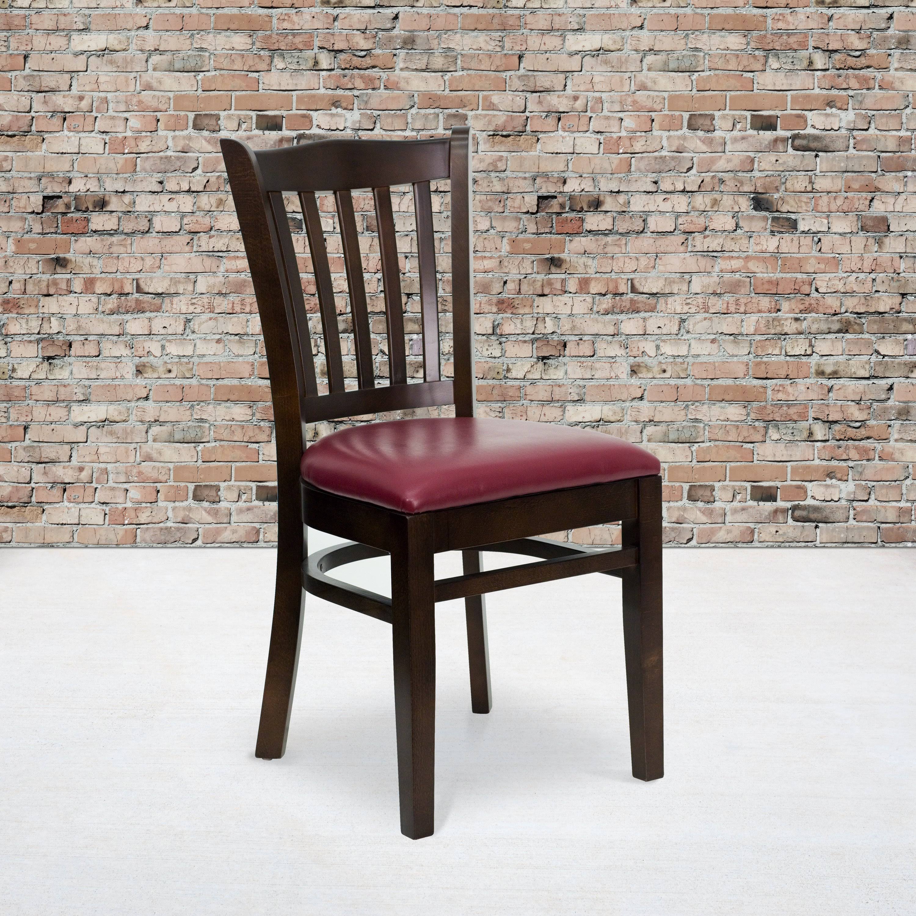 Hercules Series Vertical Slat Back Walnut Wood Restaurant Chair - Burgundy Vinyl Seat | Flash Furniture
