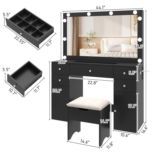 Vanity Desk with Lighted Mirror & Power Outlet, Makeup Vanity Table with 5 Drawers & 2 Cabinets, Large Vanity Set with Stool, Glass Top