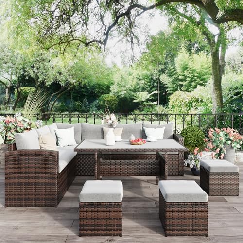 Wisteria Lane Outdoor Patio Furniture Set, 7 Piece Outdoor Dining Sectional Sofa with Dining Table and Chair