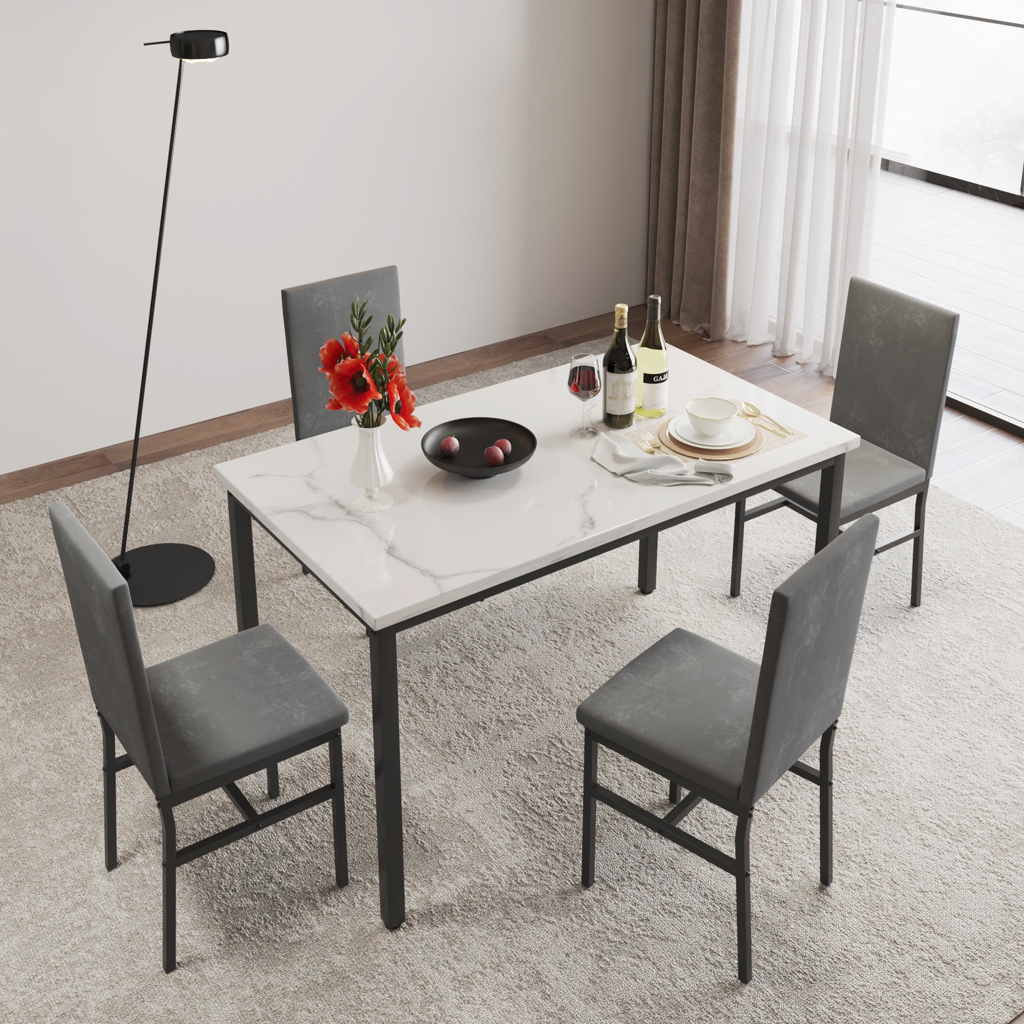 Modern Dining Set for 4, 5-Piece Dining Table and Chairs Set, 1 Table with White Marble Top, 4 Gray Velvet Chairs for Kitchen Dining Room Living Room