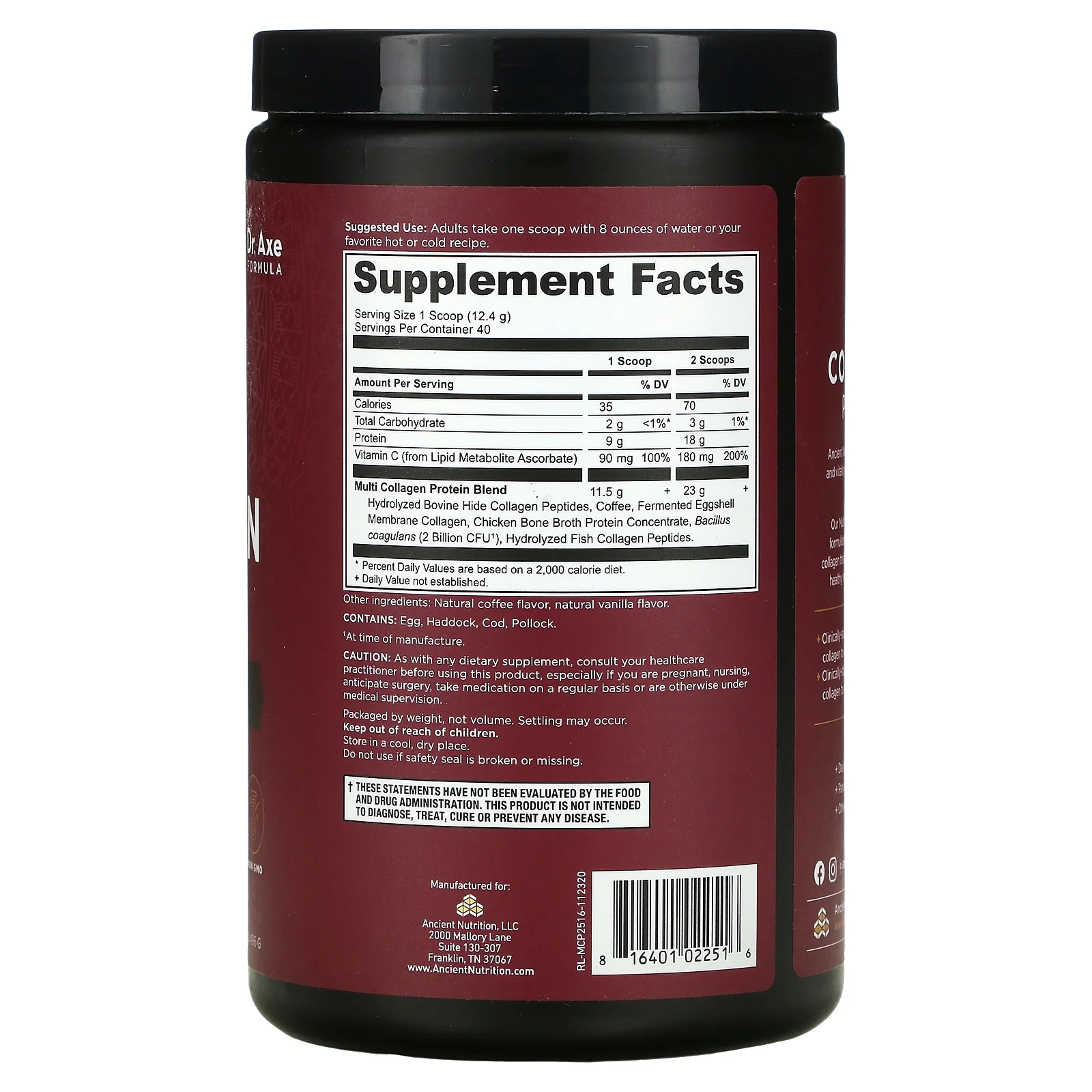 Dr. Axe / Ancient Nutrition, Multi Collagen Protein, Cold Brew, 1.09 lb (496 g) Pack of 3