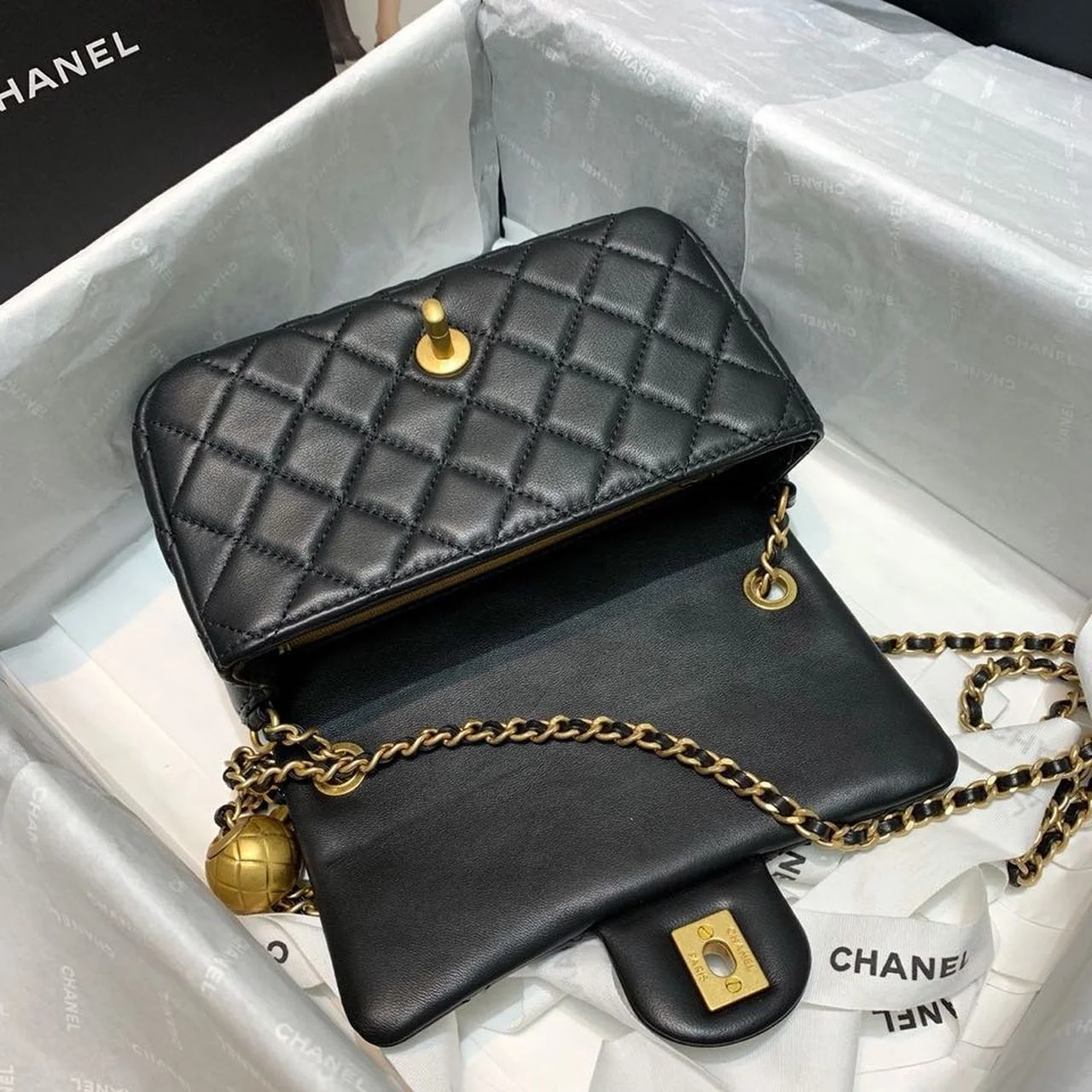 Chanel Flap Bag With CC Ball On Strap Black For Women, Women&rsquo;s Handbags, Shoulder And Crossbody Bags 7.8in/20cm AS1787