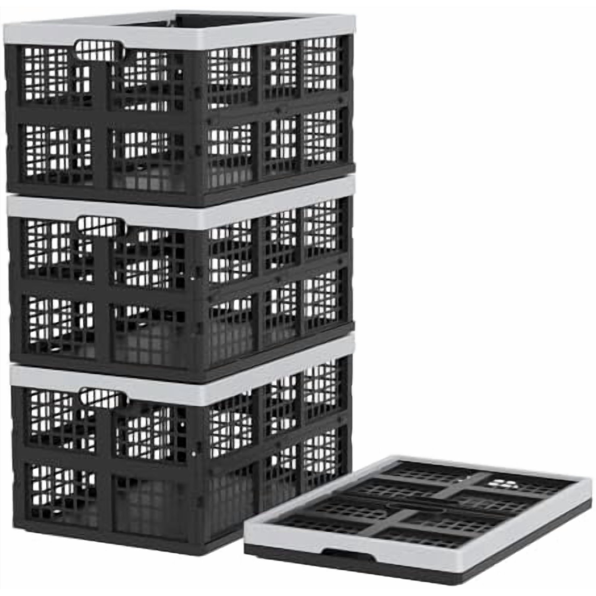 Plastic Collapsible Milk Crates, Collapsible Storage Bins, Foldable Baskets, 42 Liters, Pack of 4 in Black$$Office