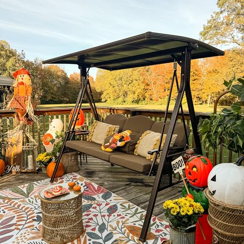 PURPLE LEAF Outdoor Patio Porch Swing with Adjustable PVC Canopy, 3-seat Swing Chair Bench with Side Cup Holder for Backyard Front Porch Lawn