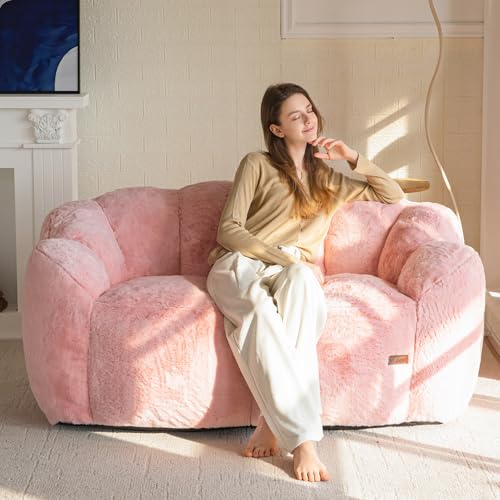 MAXYOYO Bean Bag Chair for Adults, Floral Shaped Bean Bag Sofa, Ultra Soft Faux Fur Floor Sofa, Large Reading Chair for Living Room Bedroom, Beige