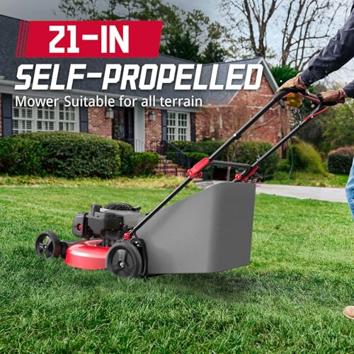 PowerSmart 21" 140cc Self Propelled Lawn Mower, 6-Position Adjustable Cutting Height, 3-in-1 with Mulching. Side Discharge. Rear Bagging, Easy Start