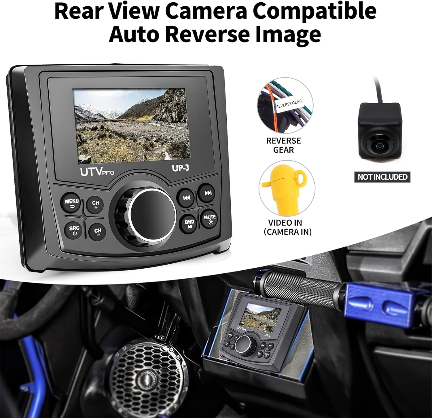 Powersports UTV Stereo AM/FM with Bluetooth Streaming 3 Zone, Compatible to Rear View Camera, External Amplifier Switch on/Off