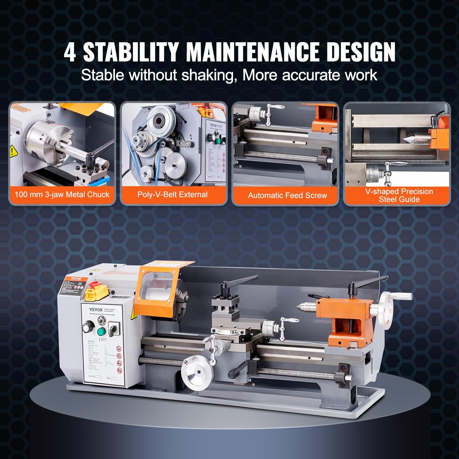 VEVOR Metal Lathe Machine, 7.87'' x 13.78'', Precision Benchtop Power Metal Lathe, 50-2500 RPM Continuously Variable Speed