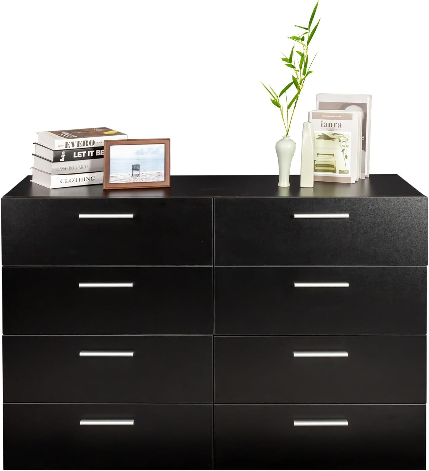 8 Drawer Double Dresser, Black Dresser for Bedroom, Modern Dresser Chest with Wide Drawers, Wood Storage Chest of Drawers for Living Room, Black