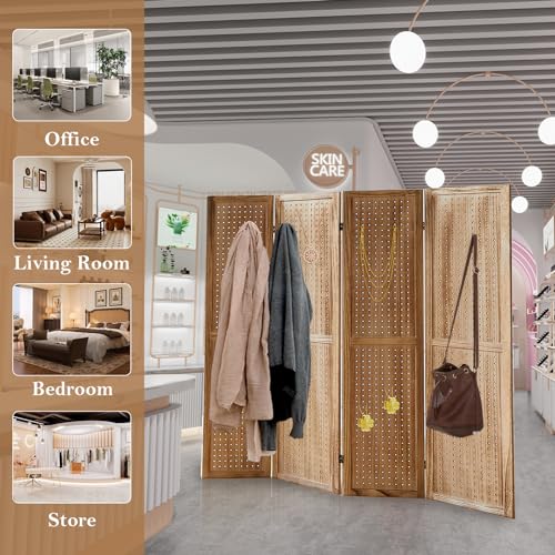 4 Panel Room Dividers and Folding Privacy Screens, 5.6Ft Wooden Pegboard Display, Privacy Dividers for Bedroom
