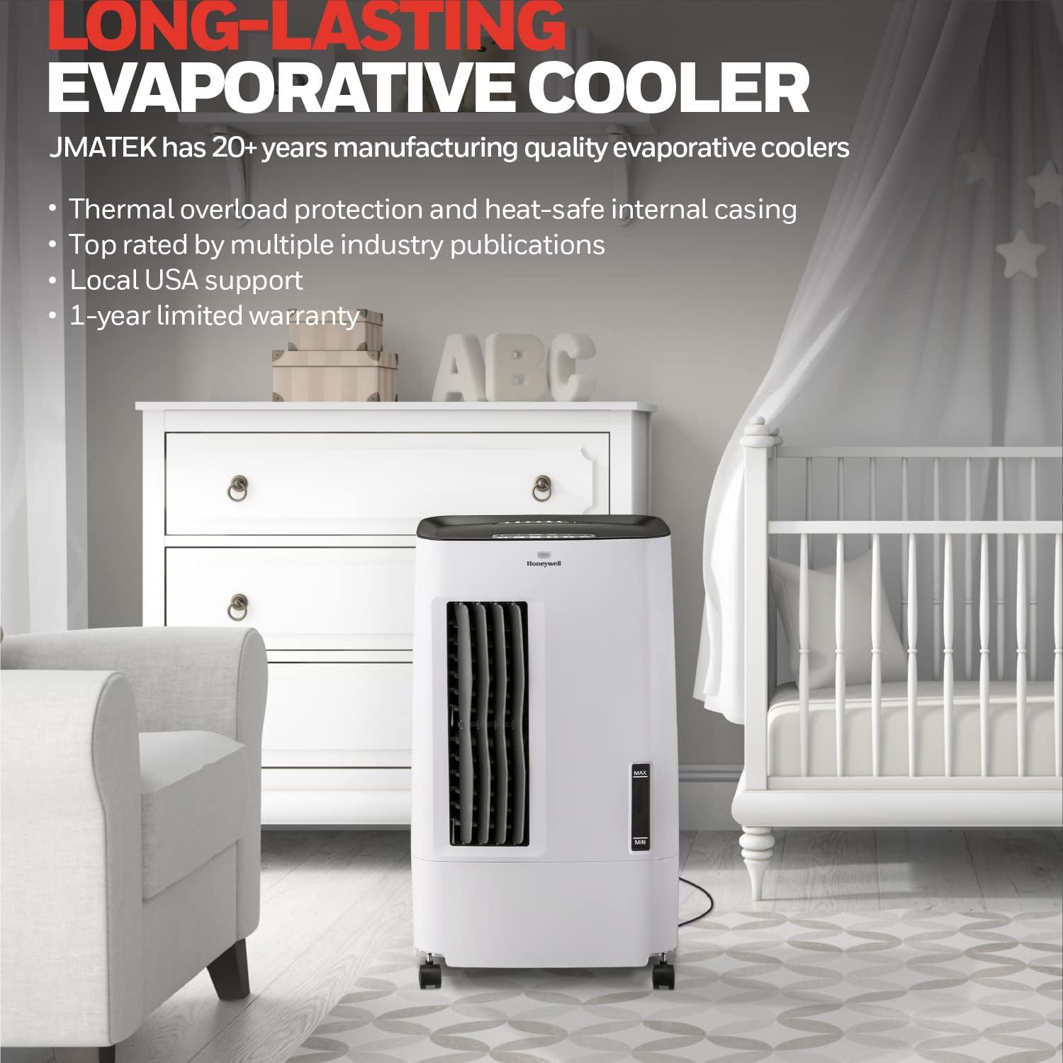 Honeywell 176 CFM Indoor Portable Evaporative Air Cooler with Fan, Humidifier for Living Room, Basement, Office, and Play Area, 115V