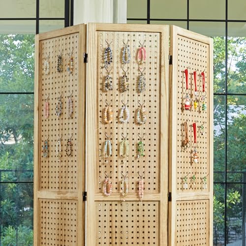 Room Divider Freestanding Folding Pegboard Privacy Screen | 4-Panel Display Stand for Jewelry, Craft Shows, Retail | Natural Wood