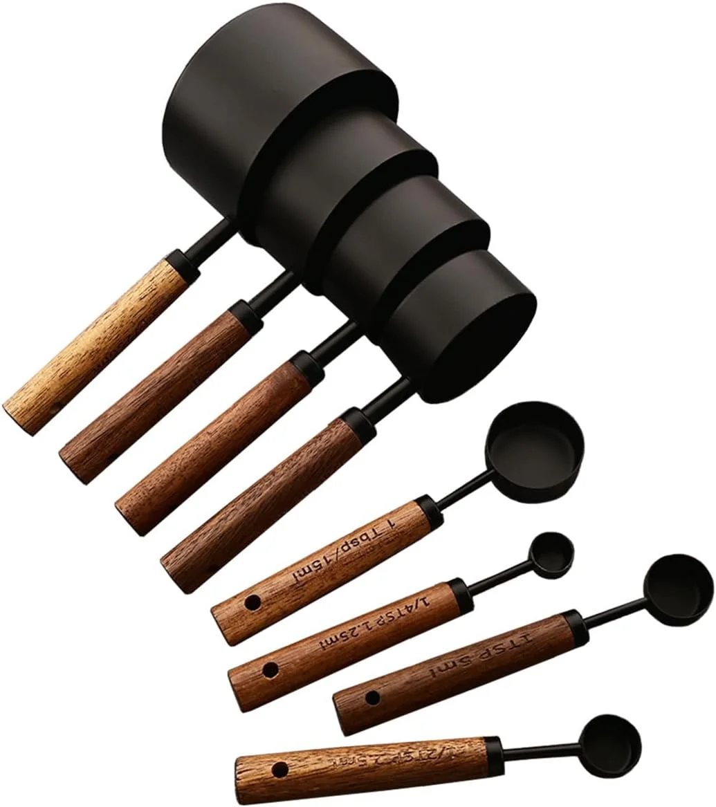 8 pieces Golden Measuring Cups Set and Measuring Spoons Set with Scale, Wooden Handle Stainless Steel Dry &amp
