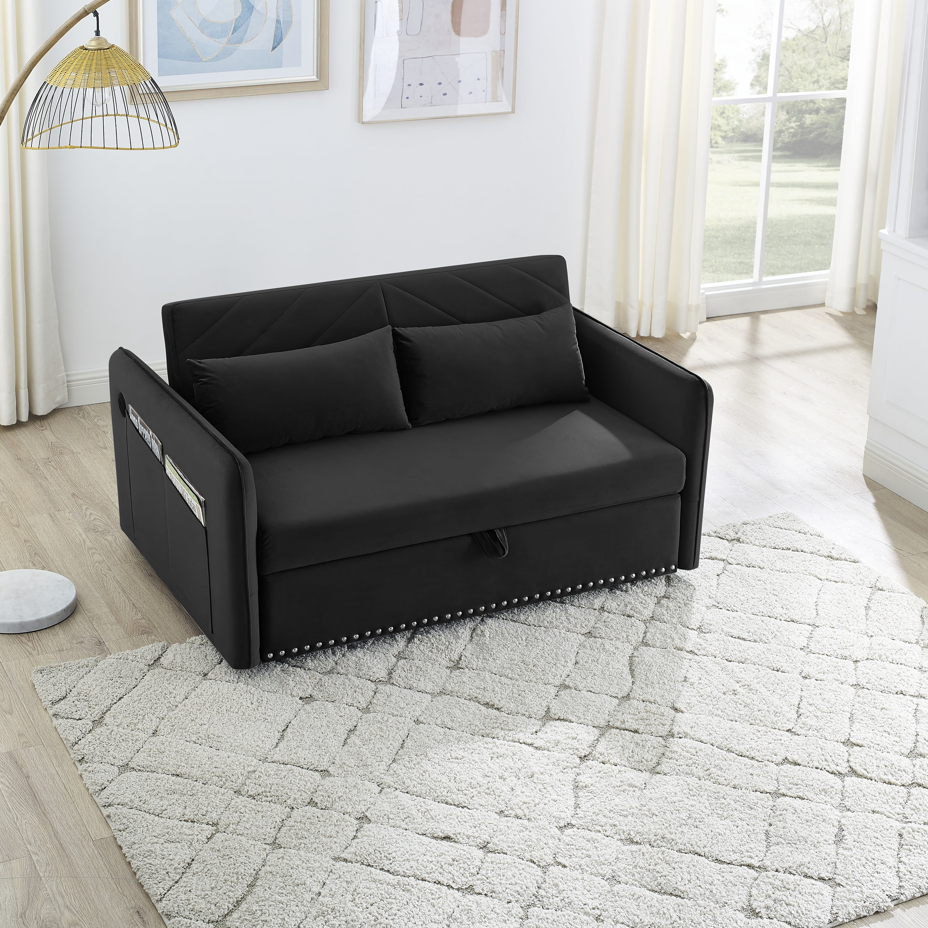 MOMSPEACE 3 in 1 Sleeper Sofa Couch Bed with 2 USB Ports, 55" Velvet Convertible Loveseat with Pull Out Sofa Bed for Living Room - Black
