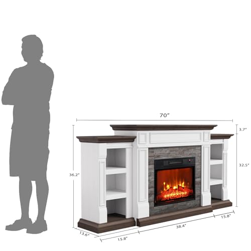 70" Electric Fireplace with Mantel, Fireplace TV Stand for TVs Up to 80 Inch, Farmhouse Entertainment Center with Storage