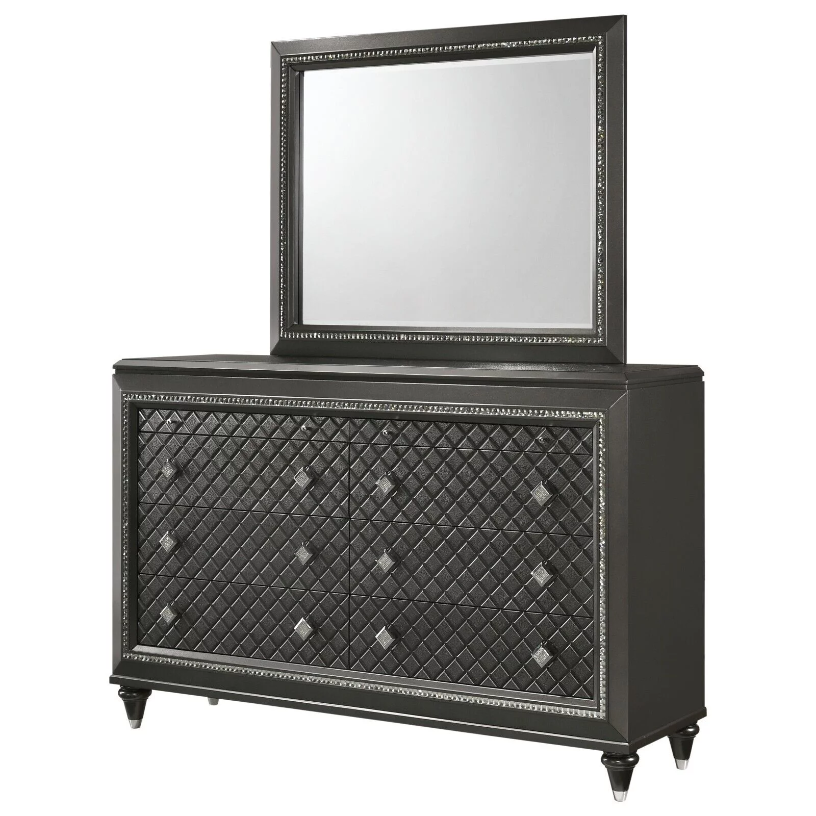 Modern Glam Style 5pc Queen Size Bedroom Set Grey Upholstered Panel Bed Dresser Mirror Nightstand Bedroom Furniture