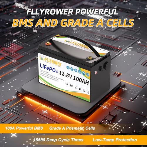 FLLYROWER 12V Lithium Battery 100AH With BMS and 16500 Deep Cycles 12V 100AH Lifepo4 Battery Grade A Cells for Marine Trolling Motor RV camping Solar