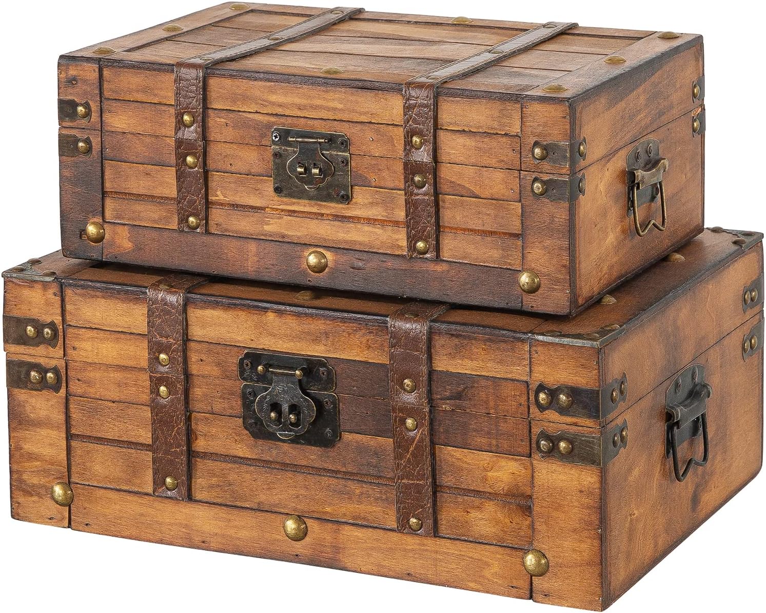 Soul & Lane Globetrotter Wooden Trunk Suitcases with Handle - Set of 2 | Vintage Wood Storage Chest Set
