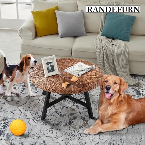 RANDEFURN Coffee Table Round, Seagrass Coffee Tables,Pine Wood X Base Frame Cocktail Table, Easy Assembled, Multiple Sizes for Living Room