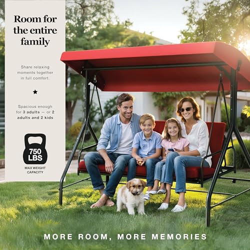 Porch Swing - 3-Seat Patio Outdoor Swing with Canopy for Adultes, Convertible Glider Bed, Thick Removable Cushions & Pillows for Backyard, Porch