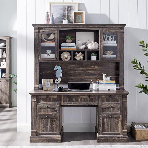 OKD 60" Executive Desk with Drawers, Farmhouse Home Office Desk with Charging Station, Keyboard Tray, File Cabinet Storage
