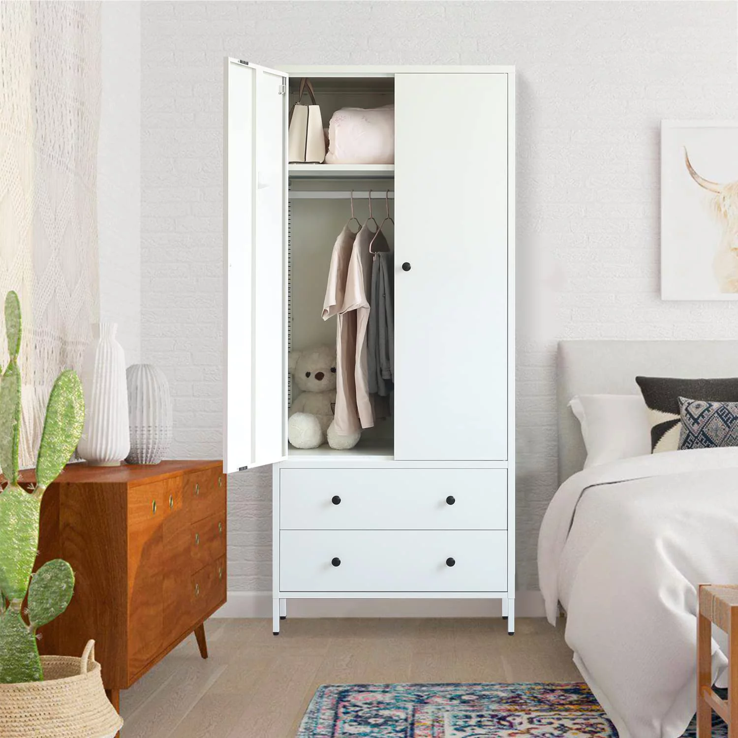 WANHUI Metal Storage Wardrobe with Hanging Rod, Armoire with 2 Doors and 2 Drawers，Steel Wardrobe Closet for Home