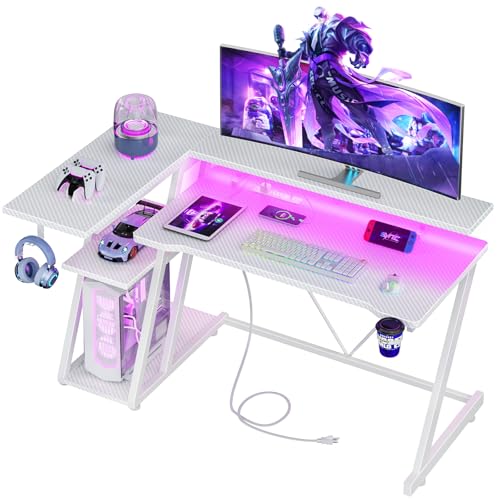 55 Inch Gaming Desk with Power Outlet & LED Lights, L Shaped Gamer Computer Table with Storage Shelves for Bedroom, Corner Home Office Desk