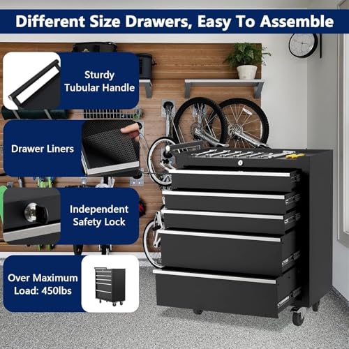 Rolling Tool Chest, 4 Drawers Tool Storage Cabinet, Toolbox with Wheels, Portable Tool Cabinet Organizer with Locking System & Drawer Liners