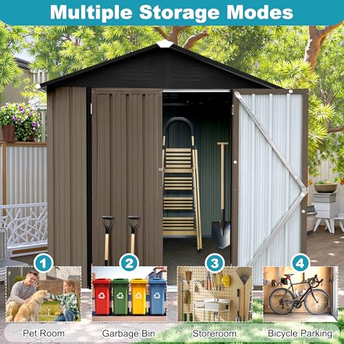 8x6 FT Outdoor Storage Shed, Metal Tool Shed with Lockable Doors, Peaked Roof & Frame Floor