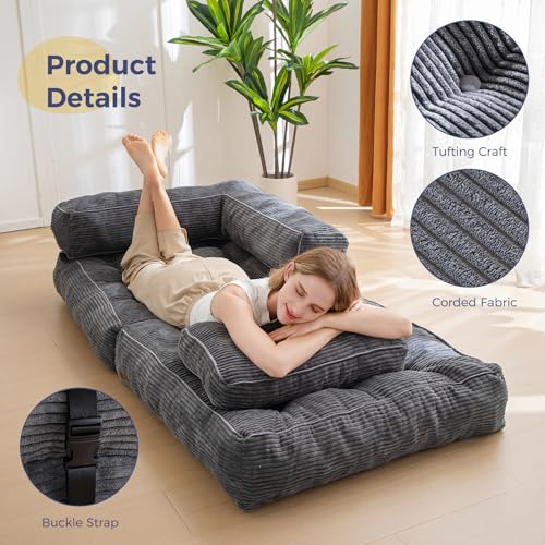 MAXYOYO Folding Sofa Bed, L-Shaped Convertible Sofa Bed with Armrest Foldable Sleeper Couch with Pillow