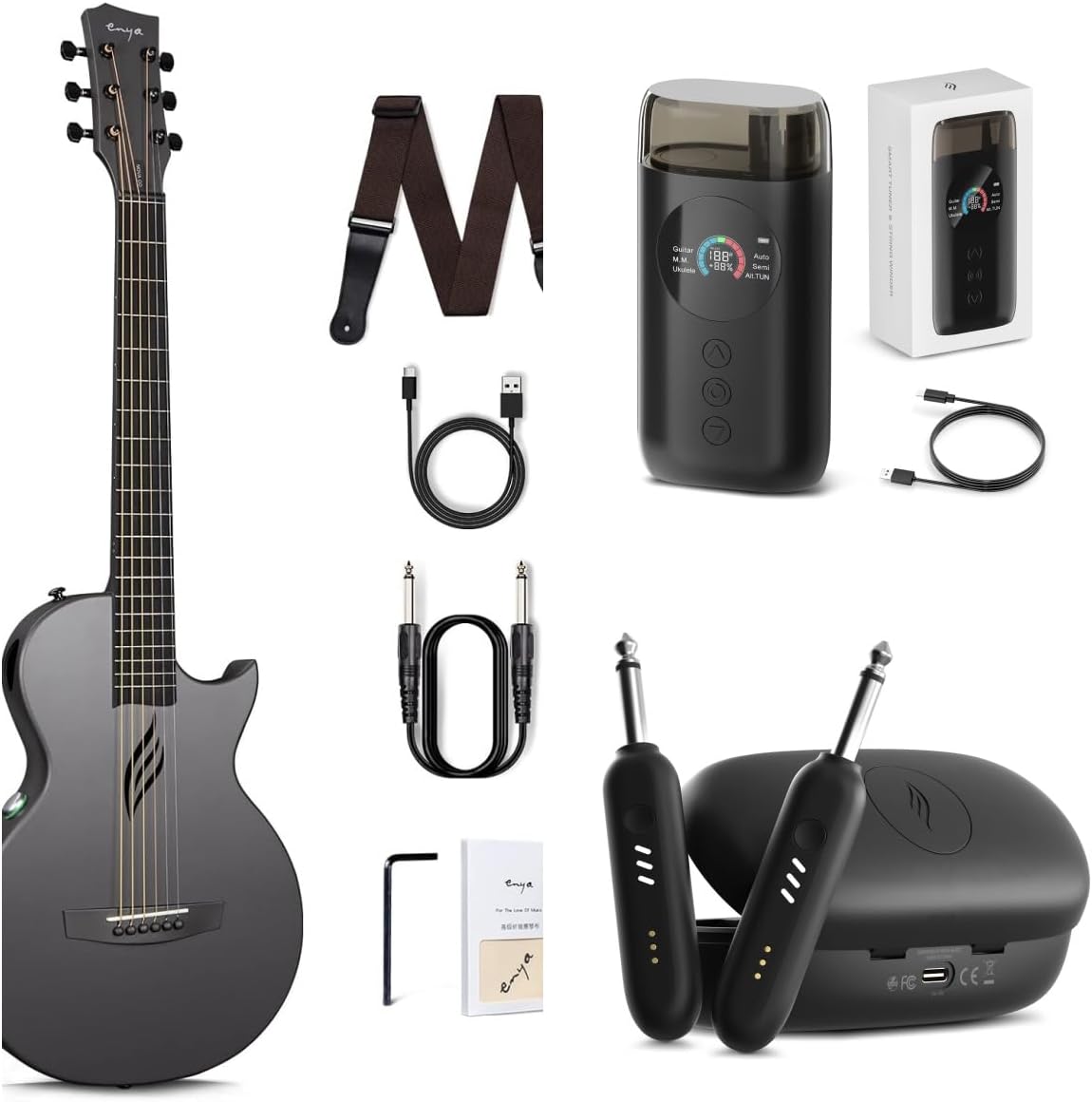 Enya NOVA Go SP1 Carbon Fiber Acoustic Electric Guitar with Smart AcousticPlus 35 Inch Travel Acustica Guitarra Starter Bundle Kit(Black) & Enya