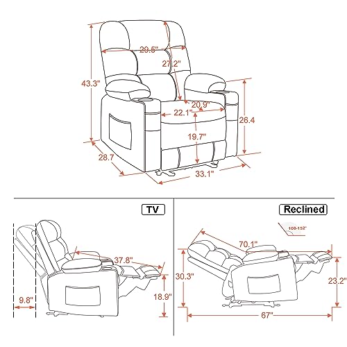MCombo Zero Gravity Power Recliner Chair with Heat and Vibration Massage, Reclining Chair with USB Ports, Cup Holders for Living Room