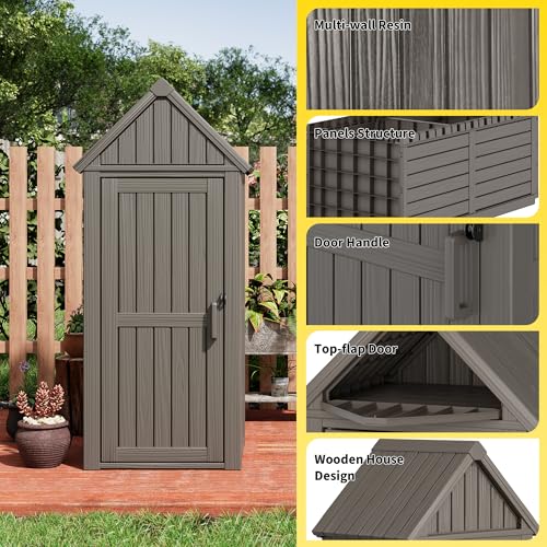Outdoor Resin Storage Shed, Upgrade Durable Storage Cabinet with Removable Shelves and Lock Ring, Reinforced Floor