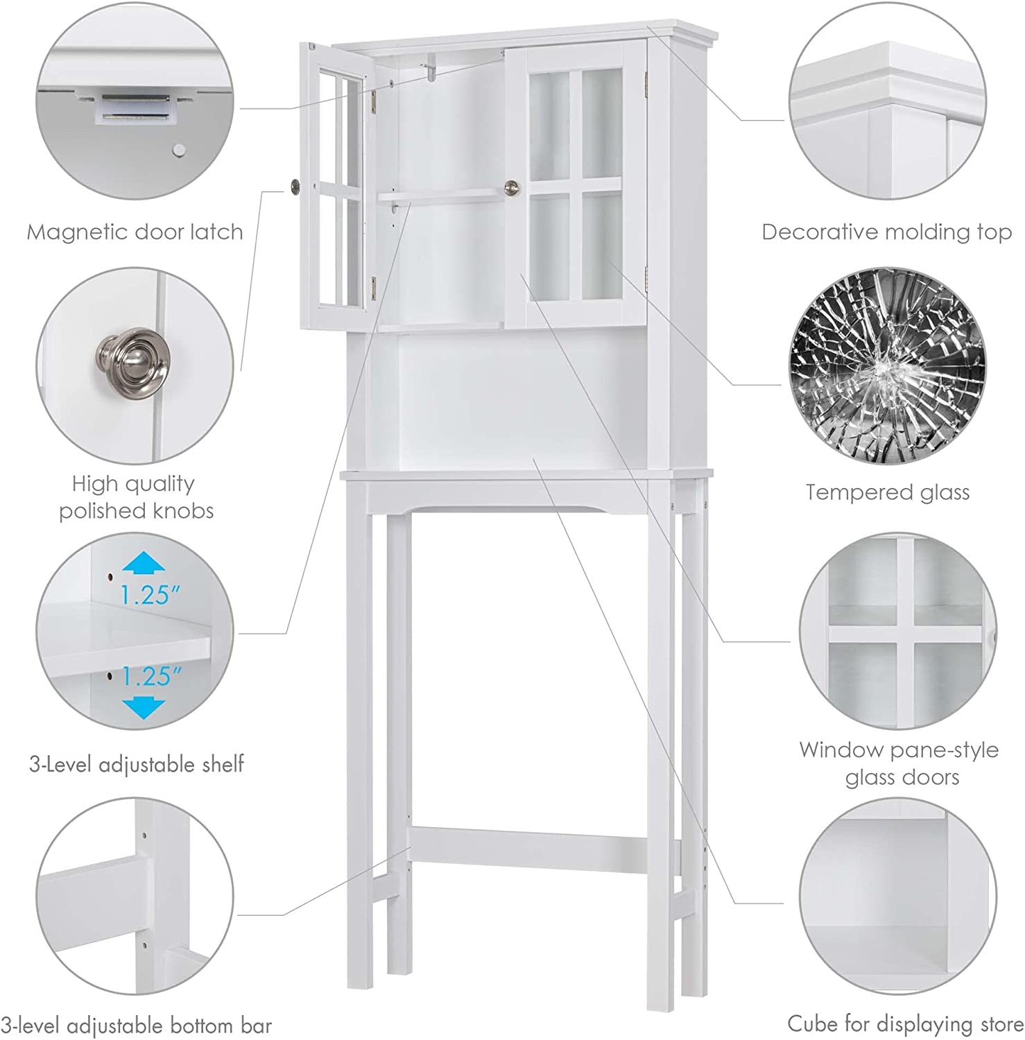 Spirich Home Bathroom Cabinet Over The Toilet, Bathroom Storage Cabinet with Windowpane Glass Doors and Adjustable Shelves