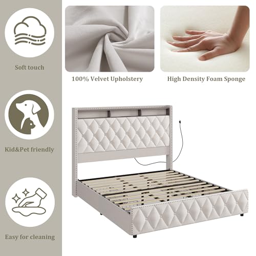 GarveeHome Queen Bed Frame with 50.8" Tall Headboard, Platform Velvet Upholstered Bed Frame with 4 Storage Drawers, USB Charging Station, Led Lights
