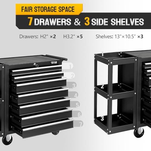 TUFFIOM 7-Drawer Rolling Tool Chest with Side Shelves, Tool Storage Side Cabinet w/Lockable Wheels, Top Cushion & Drawer Liners
