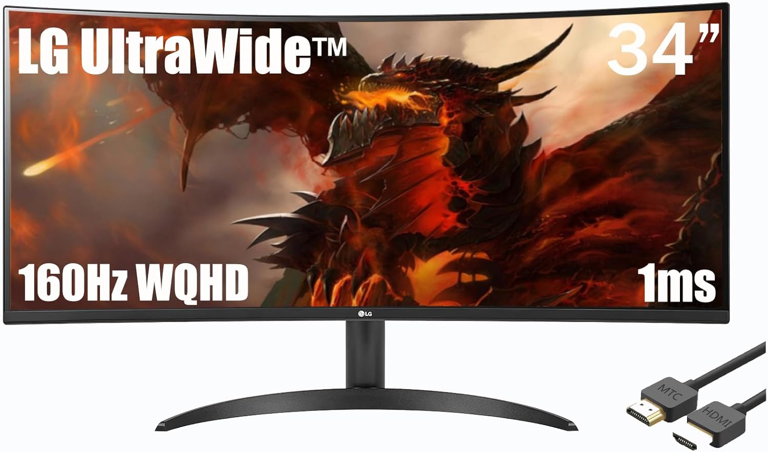 LG 34” monitor, 21:9 Curved UltraWide WQHD (3440x1440) ISP Display, sRGB 99% Color Gamut and HDR 10, 160Hz, 1ms