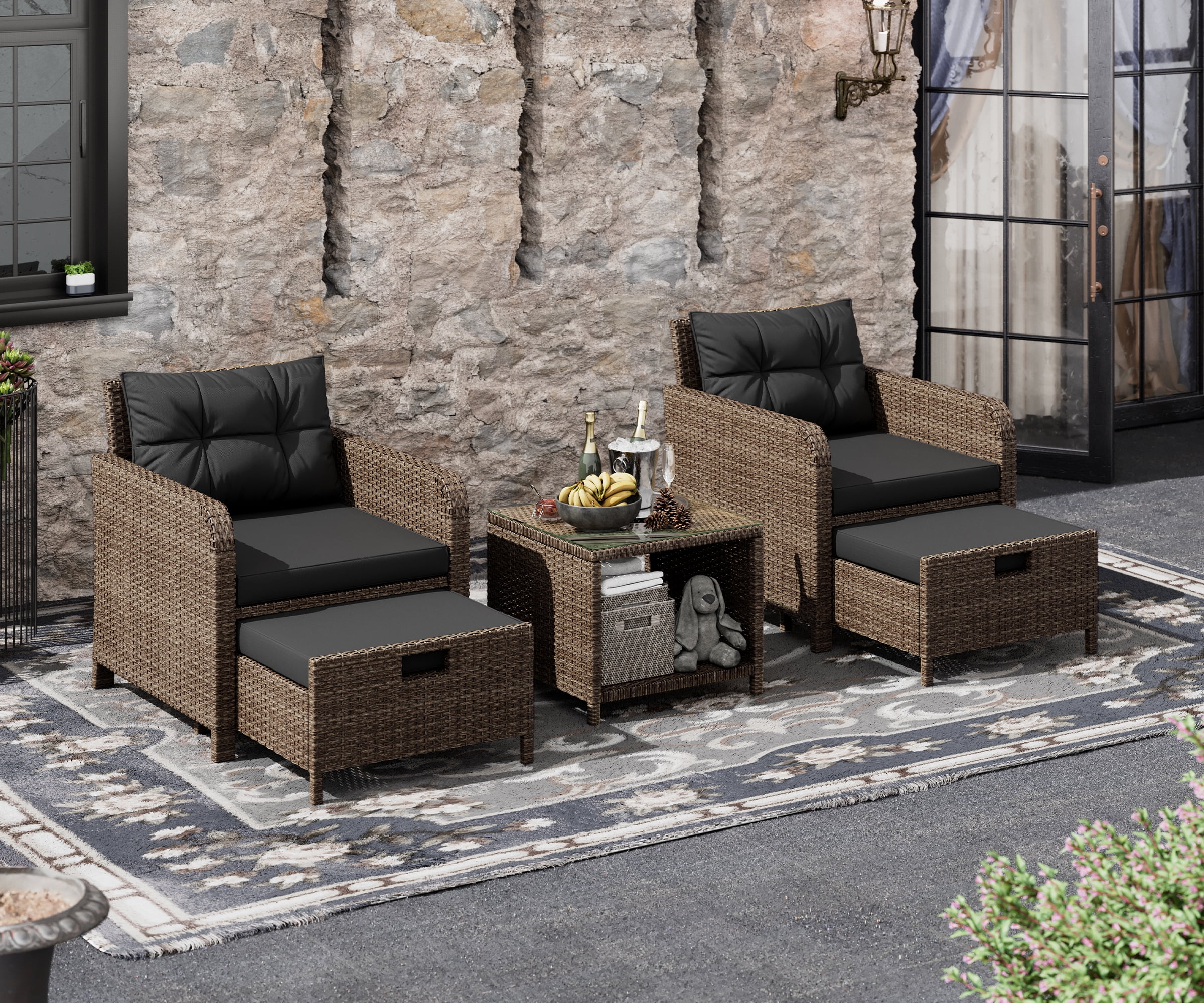 LHBcraft Balcony Furniture 5 Piece Patio Conversation Set, PE Wicker Rattan Outdoor Lounge Chairs with Soft Cushions 2 Ottoman&Glass Table for Porch