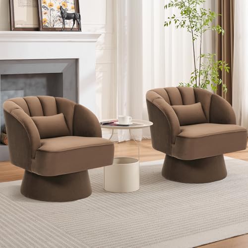 GarveeHome Modern Swivel Barrel Accent Chair, 360° Teddy Fabric Upholstered Armchair with Striped Backrest & Plush Padding