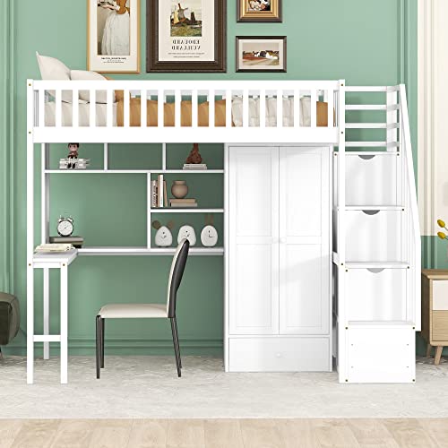 Twin Loft Bed with Staircase, Desk and Wardrobe, Wood Loft Bed with Storage Shelves and Safety Guardrail
