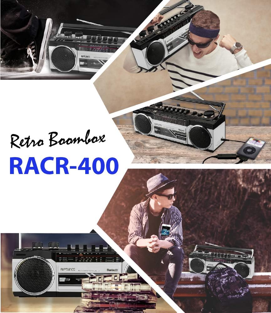 Riptunes Cassette Boombox, Retro Blueooth Boombox, Cassette Player and Recorder, AM/FM/ SW-1-SW2 Radio-4-Band Radio, USB, SD, Silver Pack of 2