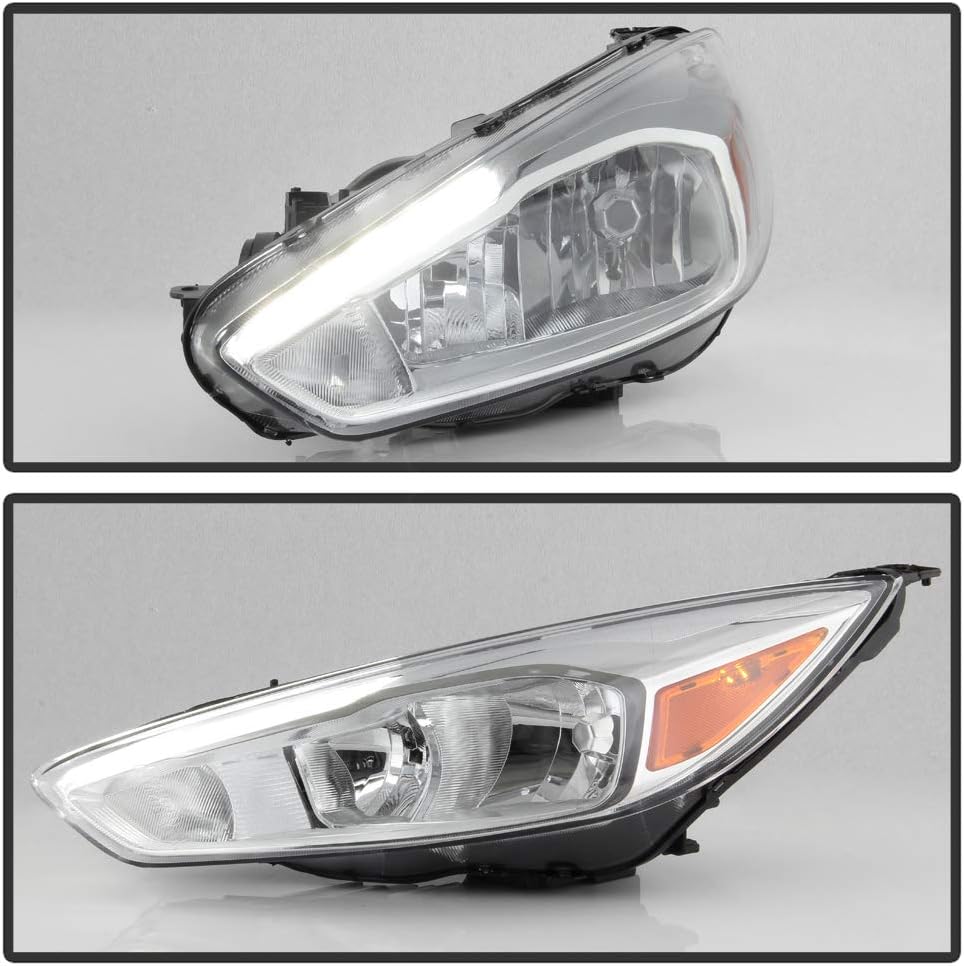 ACANII - For [Halogen Model w/LED DRL] 2015 2016 2017 2018 Ford Focus Chrome Housing Headlights Headlamps Assembly Pair