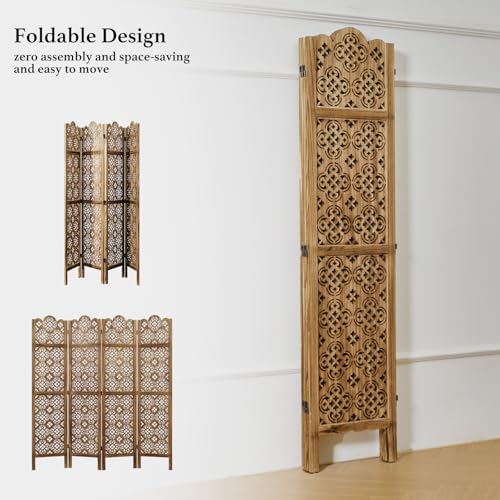68.9Inch Folding Room Divider, 4 Panels Wood Carved Privacy Screens - Ideal Decorative Partition for Home, Office, Restaurant, Bedroom (Dark Brown)