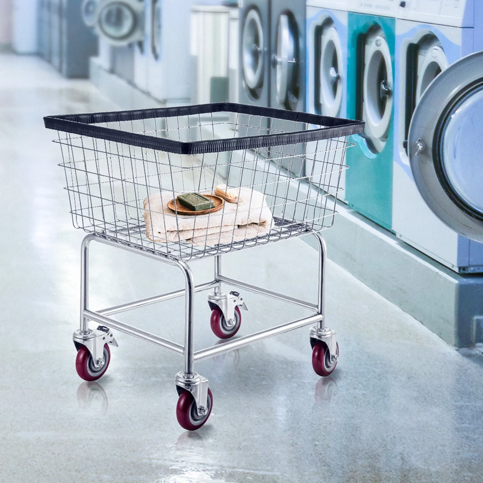 BENTISM Wire Laundry Cart Wire Laundry Basket 2.2 Bushel Heavy Duty w/ 5'' Wheels